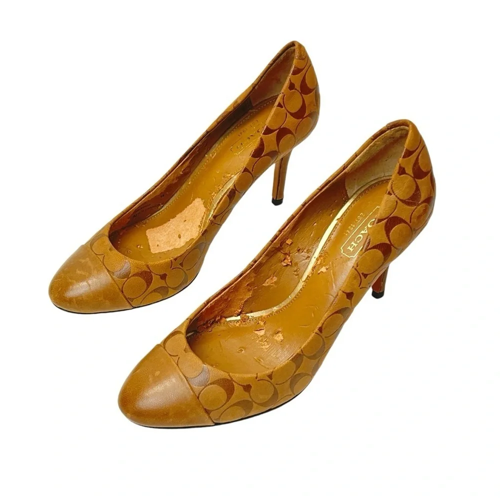 Coach Brown Natassia Heels Pumps Leather Logo Embossed